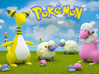 Colorful Pokémon Plush Toys Playing On Green Grass Field With Poké Balls 3d model