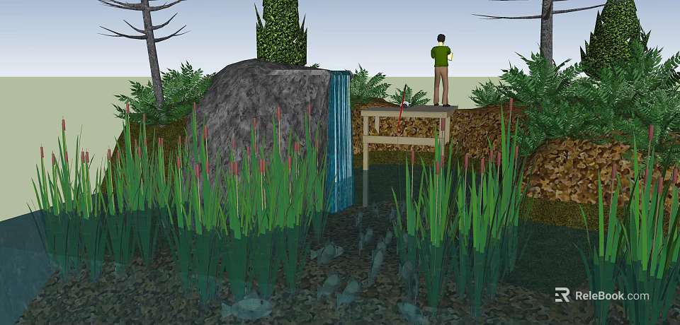 Natural Garden Landscape with Waterfall Wooden Bridge Reeds and Person by Water Area 3d model 
