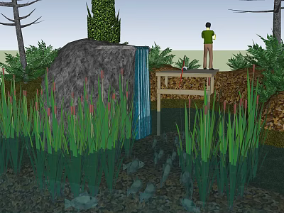 Natural Garden Landscape with Waterfall Wooden Bridge Reeds and Person by Water Area 3d model