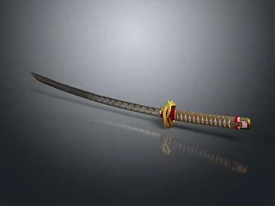 Traditional Samurai Sword With Patterned Blade And Decorative Gold Red Handle 3d model