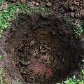 Garden Landscape Excavated Hole Surrounded by Soil Stones and Green Grass on Ground