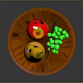 Fresh Assorted Fruits on a Wooden Plate with Yellow Pear Red Apple and Green Grapes