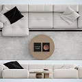 Modern Light Colored Sofa Coffee Table Set With Round Wooden Table And Plush Pillows 3d model