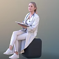 Woman Doctor In White Coat With Stethoscope Sitting On Black Object Holding Tablet