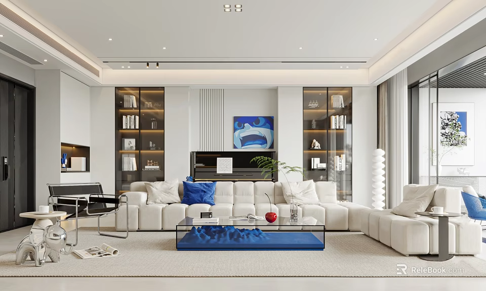 Modern Living Room Interior Design With White Sofa Blue Accents Bookshelves And Green Plant 3d model 
