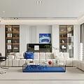 Modern Living Room Interior Design With White Sofa Blue Accents Bookshelves And Green Plant