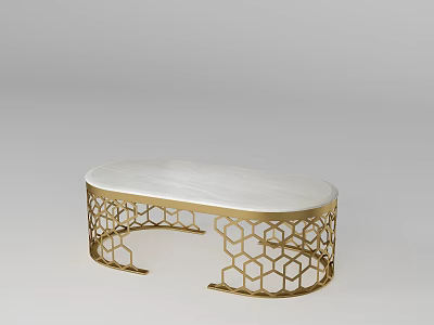 Elegant Oval Coffee Table With White Marble Tabletop And Gold Honeycomb Openwork Base 3d model