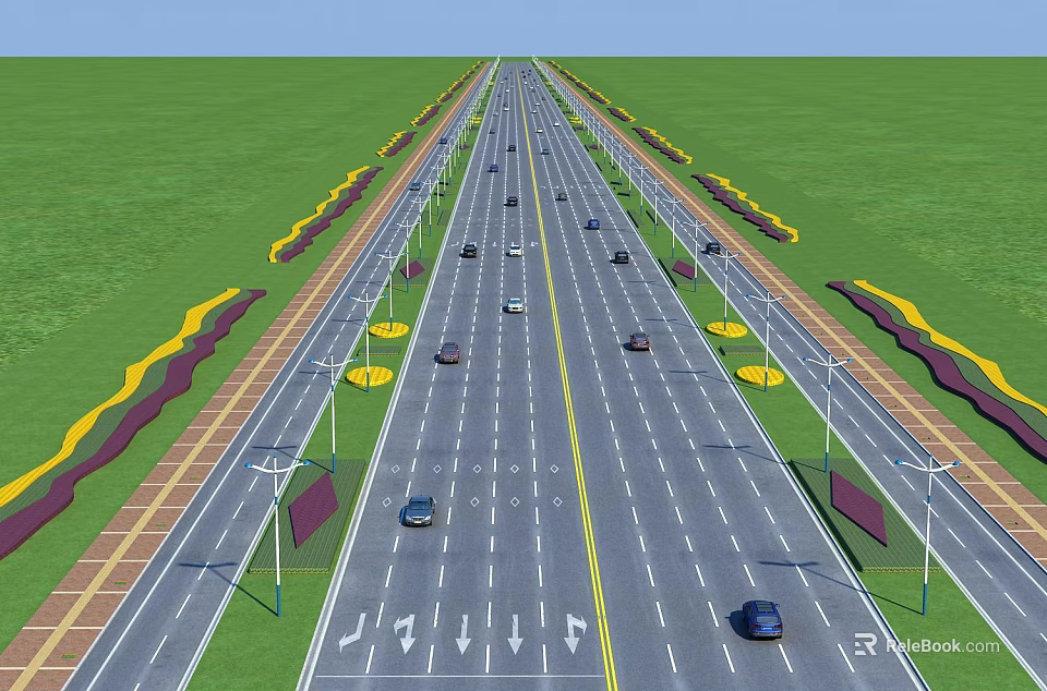 Urban Road Infrastructure With Multiple Lanes Green Belts Streetlights Sidewalks And Vehicles 3d model 