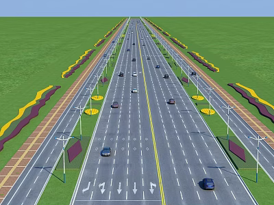 Urban Road Infrastructure With Multiple Lanes Green Belts Streetlights Sidewalks And Vehicles 3d model