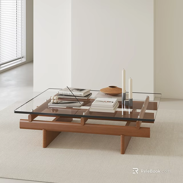 Modern Minimalist Coffee Table With Glass Top Wooden Frame And Decorative Books Bowl Candles 3d model 