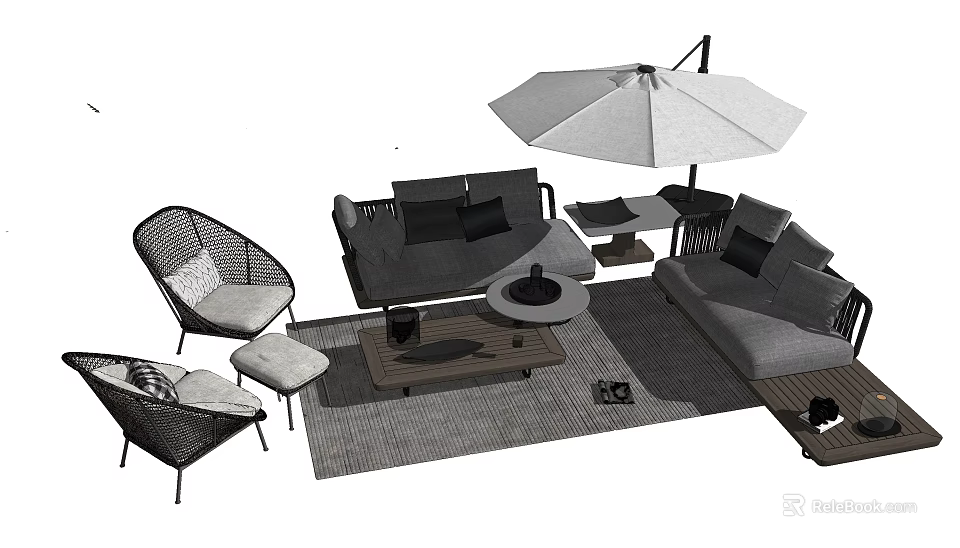 Outdoor Sofa Set With Wicker Chairs Coffee Table Rug And Umbrella For Patio 3d model 