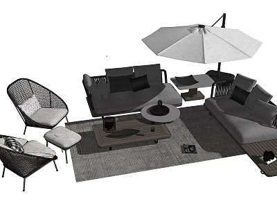 Outdoor Sofa Set With Wicker Chairs Coffee Table Rug And Umbrella For Patio 3d model
