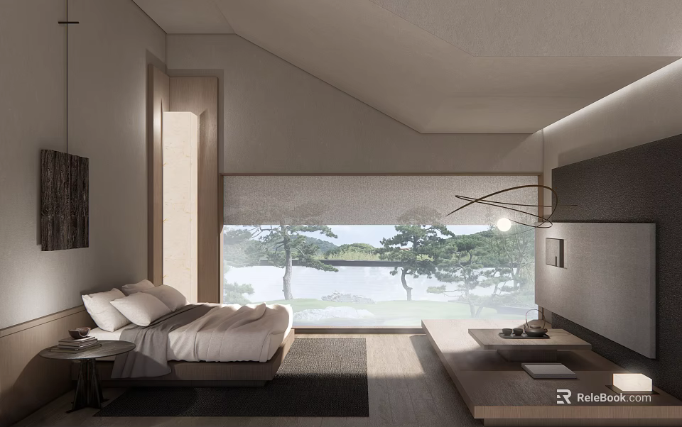 Hotel Room Minimalist Design with Large Bed Floor to Ceiling Window Natural Tree View 3d model 