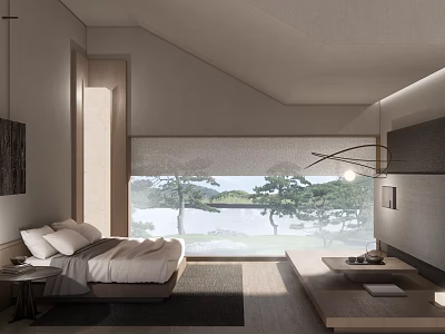 Hotel Room Minimalist Design with Large Bed Floor to Ceiling Window Natural Tree View 3d model