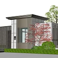 Modern Porch With Metal Fence Gray Pillars Red Tree And Green Shrubs