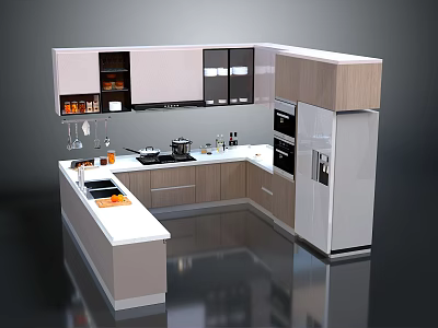Modern Kitchen Interior With Wooden Cabinets White Island Counter And Stainless Steel Appliances 3d model