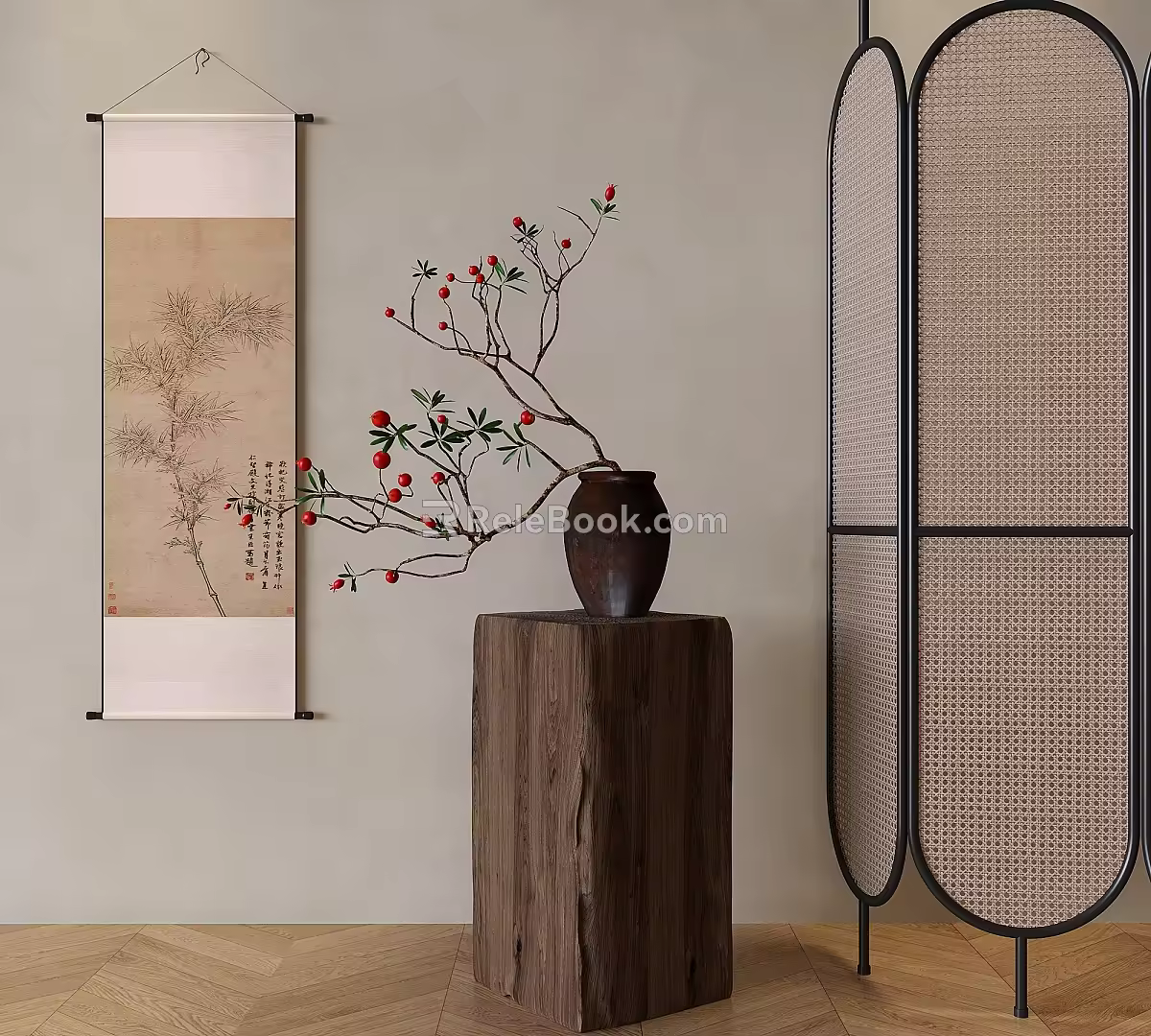 Chinese-style Rattan Screen Partition Movable Foldable Screen 3d model