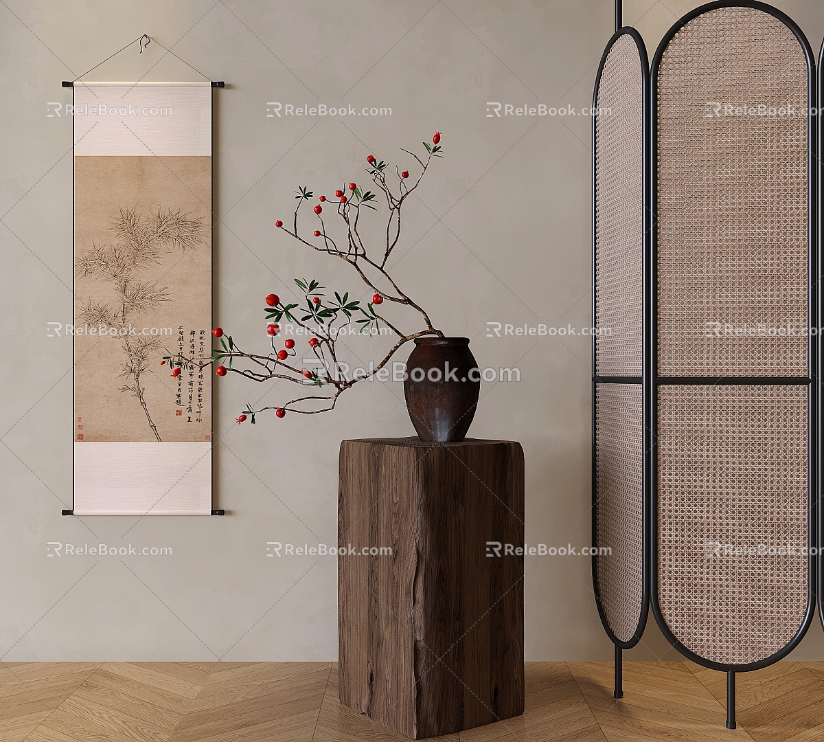 Chinese-style Rattan Screen Partition Movable Foldable Screen 3d model