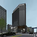 Modern Tall Office Building With Glass Curtain Walls And Commercial Base In Urban Area