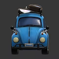Blue And White Volkswagen Beetle With Roof Rack Luggage And Surfboard