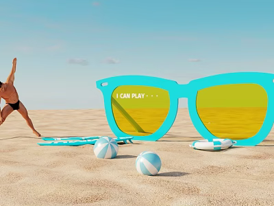 Vibrant Beach Scene With Large Blue Sunglasses Beach Balls And Playful Activities 3d model