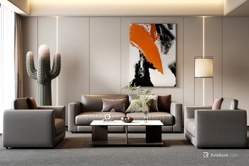 Modern Living Room Sofa And Coffee Table Set With Armchairs Abstract Painting And Cactus 3d model 