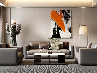 Modern Living Room Sofa And Coffee Table Set With Armchairs Abstract Painting And Cactus 3d model