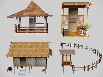 Traditional Scenic Structures Featuring Wooden Roof Pavilion Thatched Hut Circular Fence TV And Plant Decor 3d model