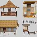 Traditional Scenic Structures Featuring Wooden Roof Pavilion Thatched Hut Circular Fence TV And Plant Decor