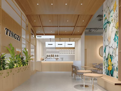 Tingzi Café Wooden Interior Design With Floral Mural Counter Green Plants And Open Space 3d model