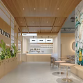 Tingzi Café Wooden Interior Design With Floral Mural Counter Green Plants And Open Space