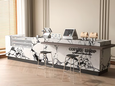 Coffee Shop Cashier Counter With Marble Countertop Bar Stools And Coffee Equipment 3d model