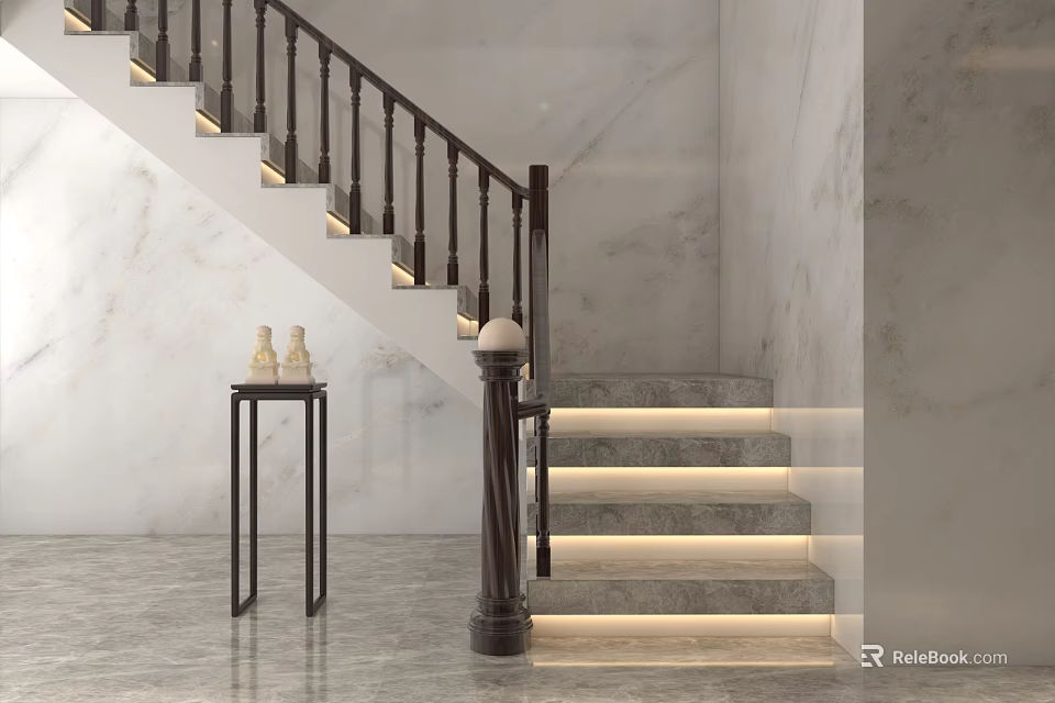 Staircase with Dark Wooden Railing Illuminated Steps Marble Wall Side Table and Decorative Items 3d model 