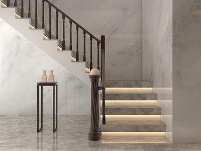Staircase with Dark Wooden Railing Illuminated Steps Marble Wall Side Table and Decorative Items 3d model