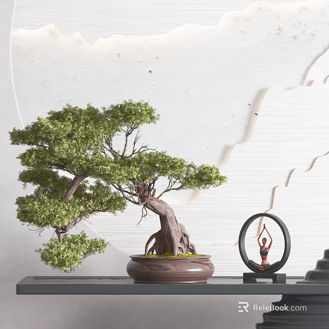 Lush Green Bonsai Tree With Twisted Trunk In Brown Pot For Modern Interior Decor 3d model 