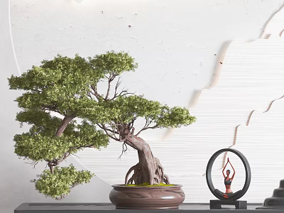Lush Green Bonsai Tree With Twisted Trunk In Brown Pot For Modern Interior Decor 3d model