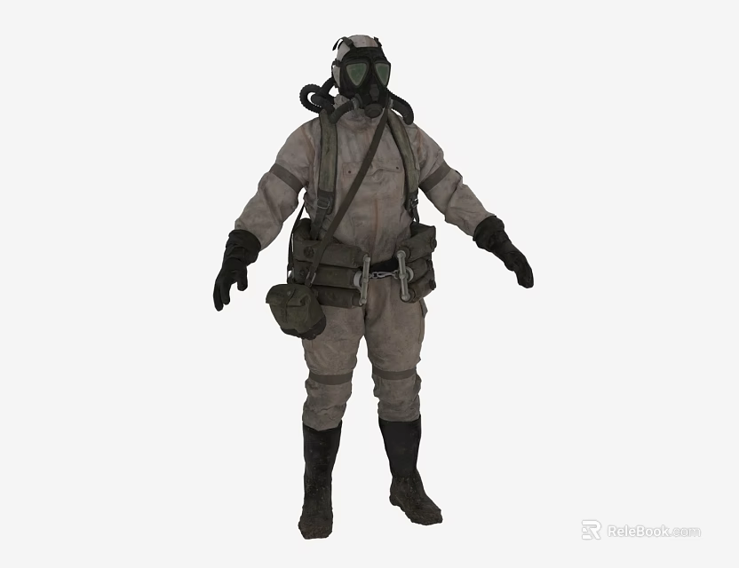 Man Wearing Protective Suit With Gas Mask And Backpack Gear 3d model 