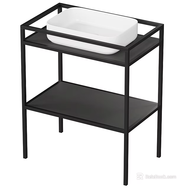 Modern Bathroom Sink Stand With Black Metal Frame And White Square Basin 3d model 