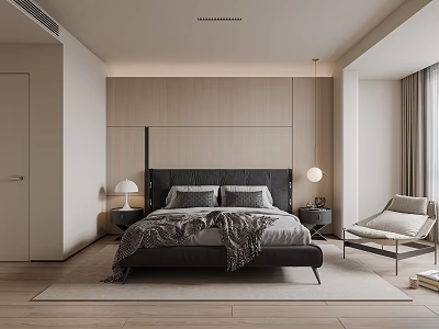 Modern Bedroom Interior Design With Black Headboard Nightstand Pendant Light And Accent Chair 3d model