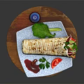 Delicious Fresh Wrap With Vegetables Tomato And Mint Leaves On Wooden Tray With Red Beverage