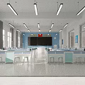 Modern Laboratory Interior With White Lab Tables Stools Suspended Lighting And Windows 3d model