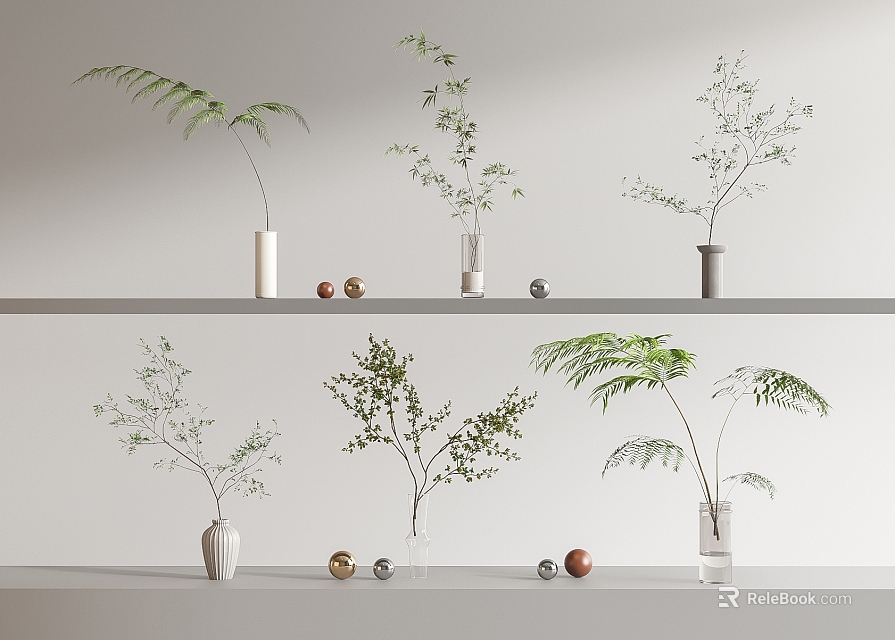 Stylish Vases With Green Ferns And Branches On White Shelves With Small Gold Brown Balls 3d model 