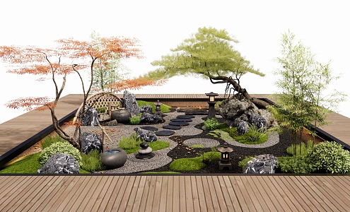 Japanese style courtyard landscape sketch Zen courtyard landscape plant landscape stone Tingbu pine red maple waterscape water bowl 3d model