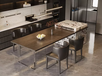Elegant Modern Kitchen Interior With Dining Table Chairs And Marble Island 3d model
