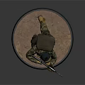 Game and Movie Character in Camouflage Uniform with Helmet Backpack Weapon Standing on Circular Base