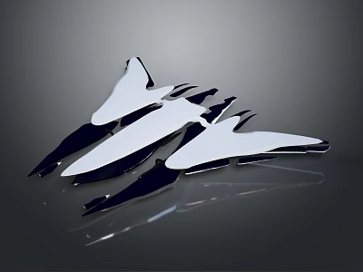 Three Black And White Shark Fin Shaped Objects With Reflective Surface On Gray Background 3d model