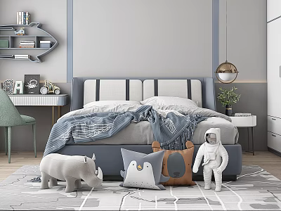 Cozy Kids Room Interior With Blue White Striped Bed Rhino Penguin Bear Astronaut Stuffed Toys 3d model