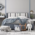 Cozy Kids Room Interior With Blue White Striped Bed Rhino Penguin Bear Astronaut Stuffed Toys