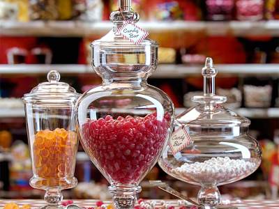 Ceramic Storage Jars With Glass Lids Holding Colorful Candy On Shop Shelves 3d model