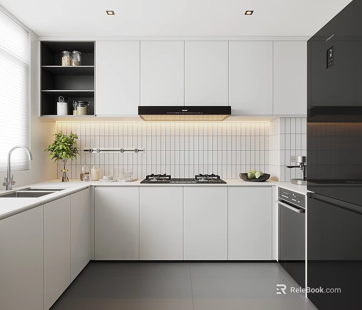 Modern Kitchen Interior With White Cabinets Black Appliances And Tiled Backsplash 3d model 
